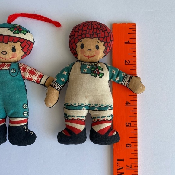 Pair Vintage Handmade Stuffed Raggedy Ann & Andy Fabric Christmas Ornaments - Picture 2 of 7